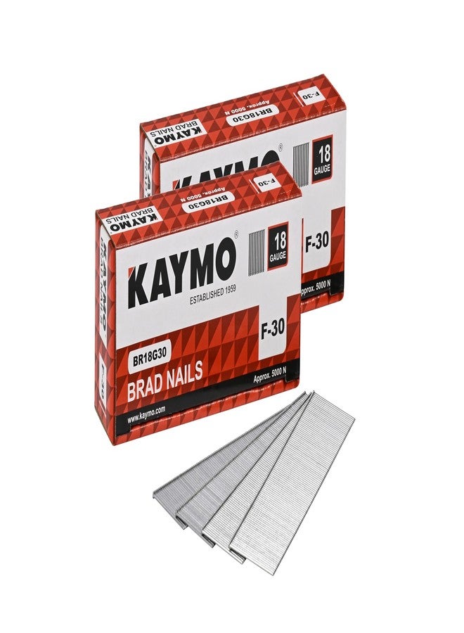 Kaymo BR18G30 F-30 Brad Nails | 30mm Length | Pack of 2 (10,000 Nails) | For Trim, Carpentry, Woodworking - Image 1